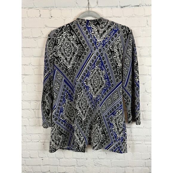 CHICO'S TRAVELERS black blue white gathered knit open front cardigan sweater 1 M - Picture 6 of 6